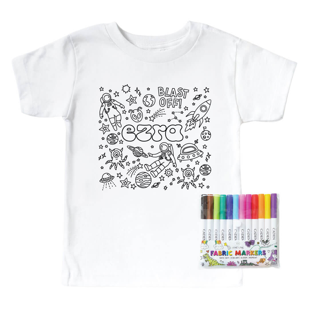 Colorable Blast Off Personalized Kids Graphic Tee | White