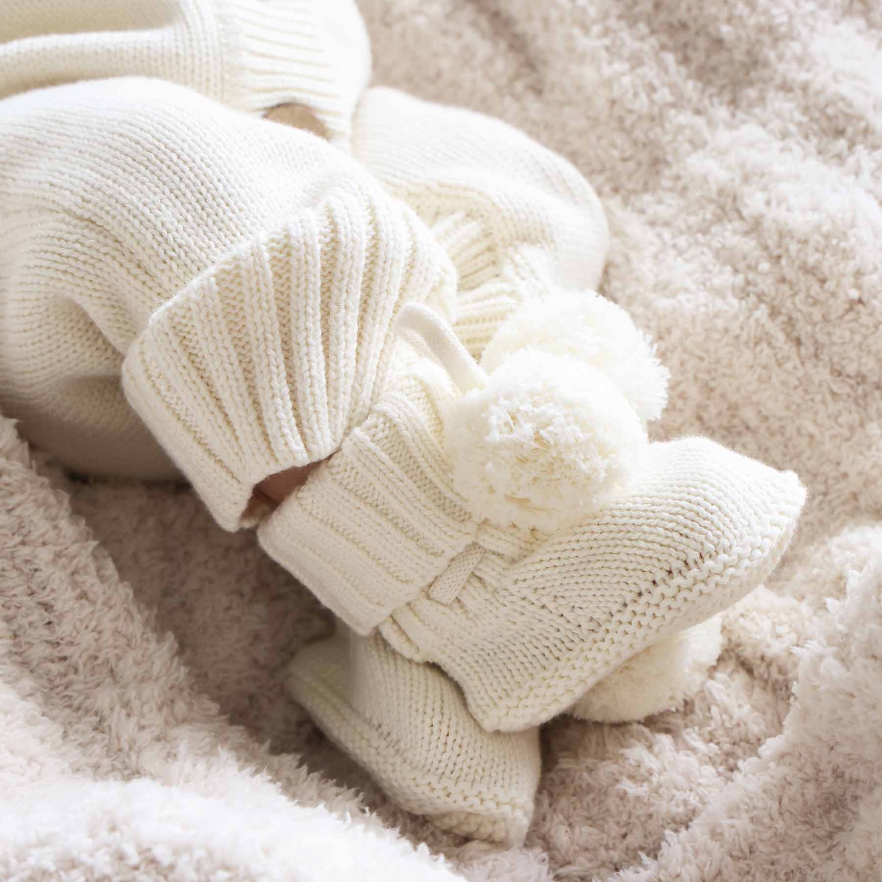 Knit Pom Pom Baby Booties | Ivory