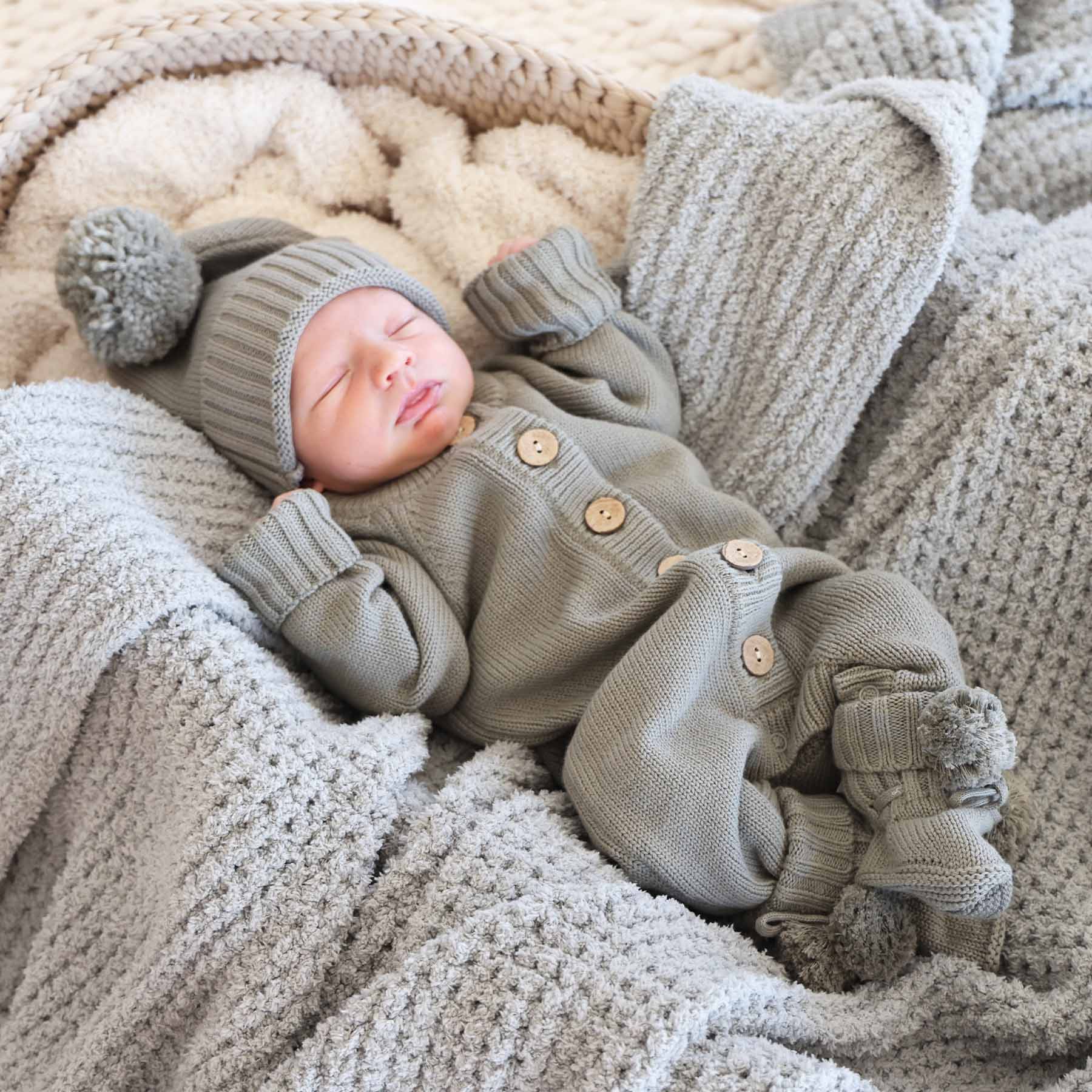 Knit Pom Pom Baby Booties | Smoke