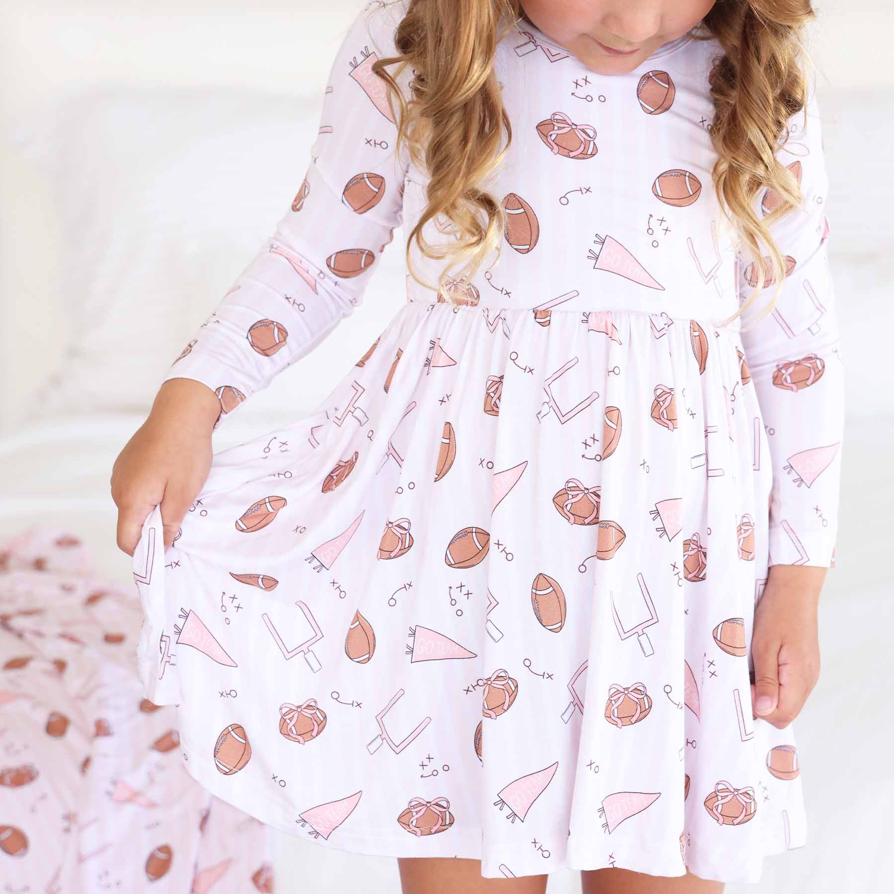 Long Sleeve Twirl Dress | Tiny Touchdowns Pink