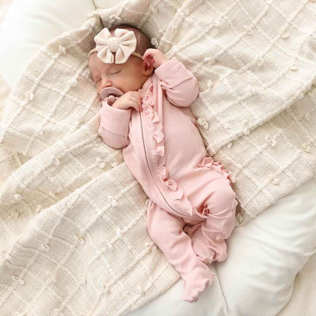 Lovely Pink Bamboo Waffle Zipper Ruffle Footie