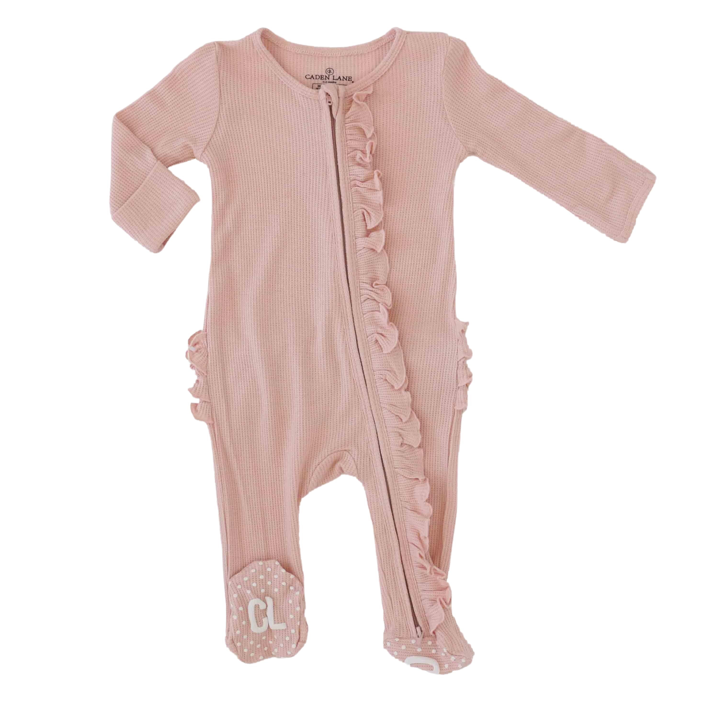 Lovely Pink Bamboo Waffle Zipper Ruffle Footie