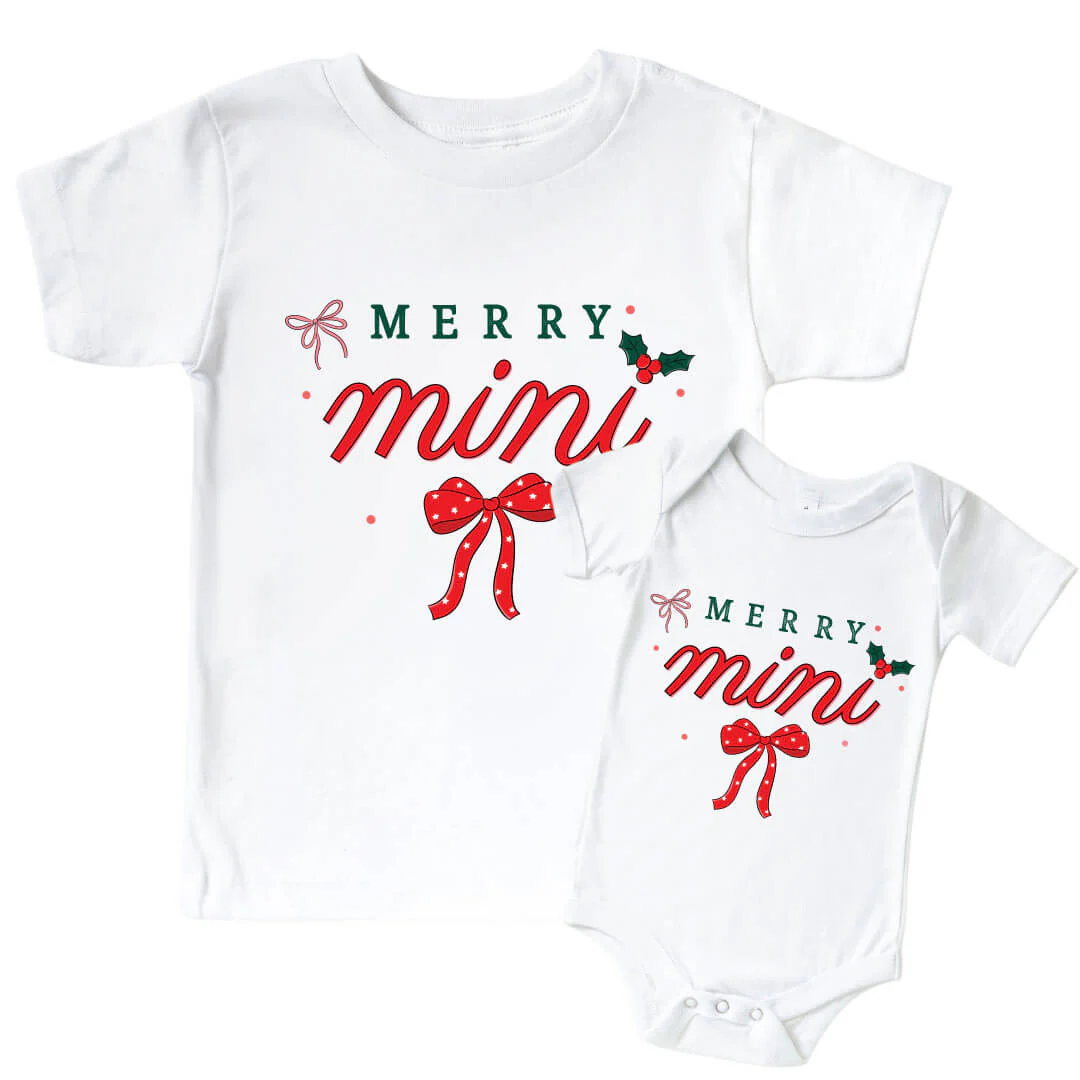 Merry Mini Bow Graphic Bodysuit & Kids Tee | White