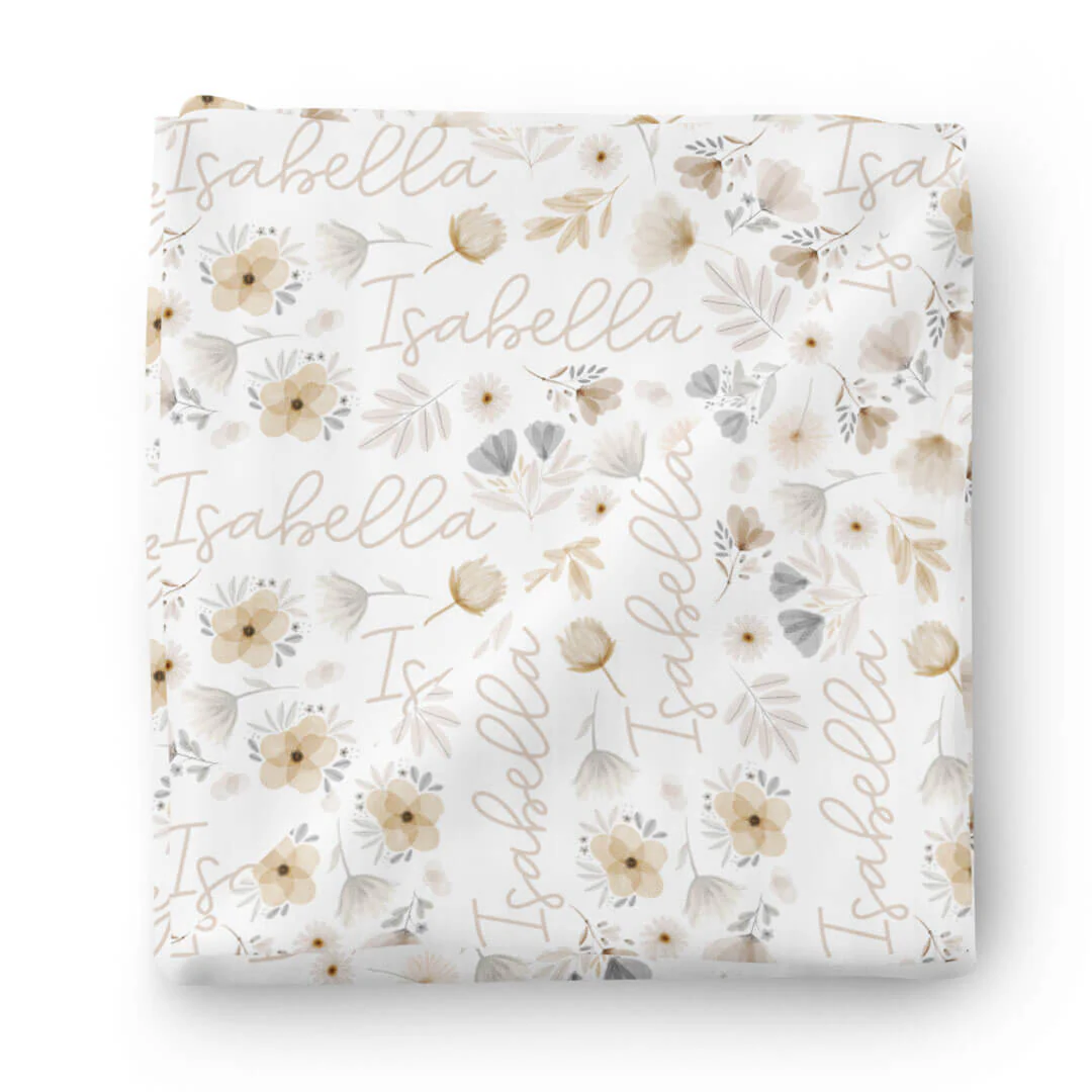 Navie's Neutral Floral Personalized Baby Name Swaddle