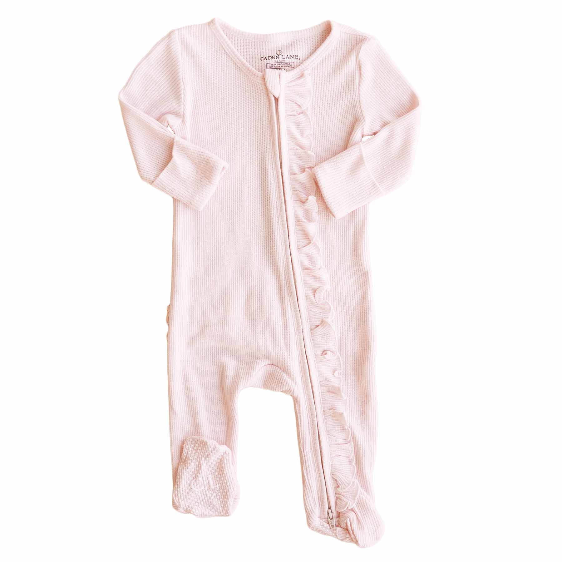 Pearl Pink Bamboo Waffle Zipper Ruffle Footie