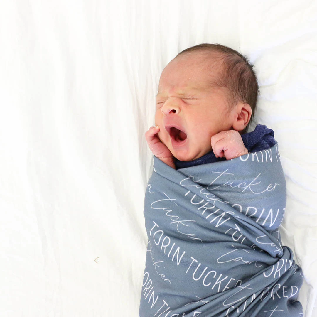 Personalized Dusty Blue Baby Name Swaddle Blanket - Block & Script