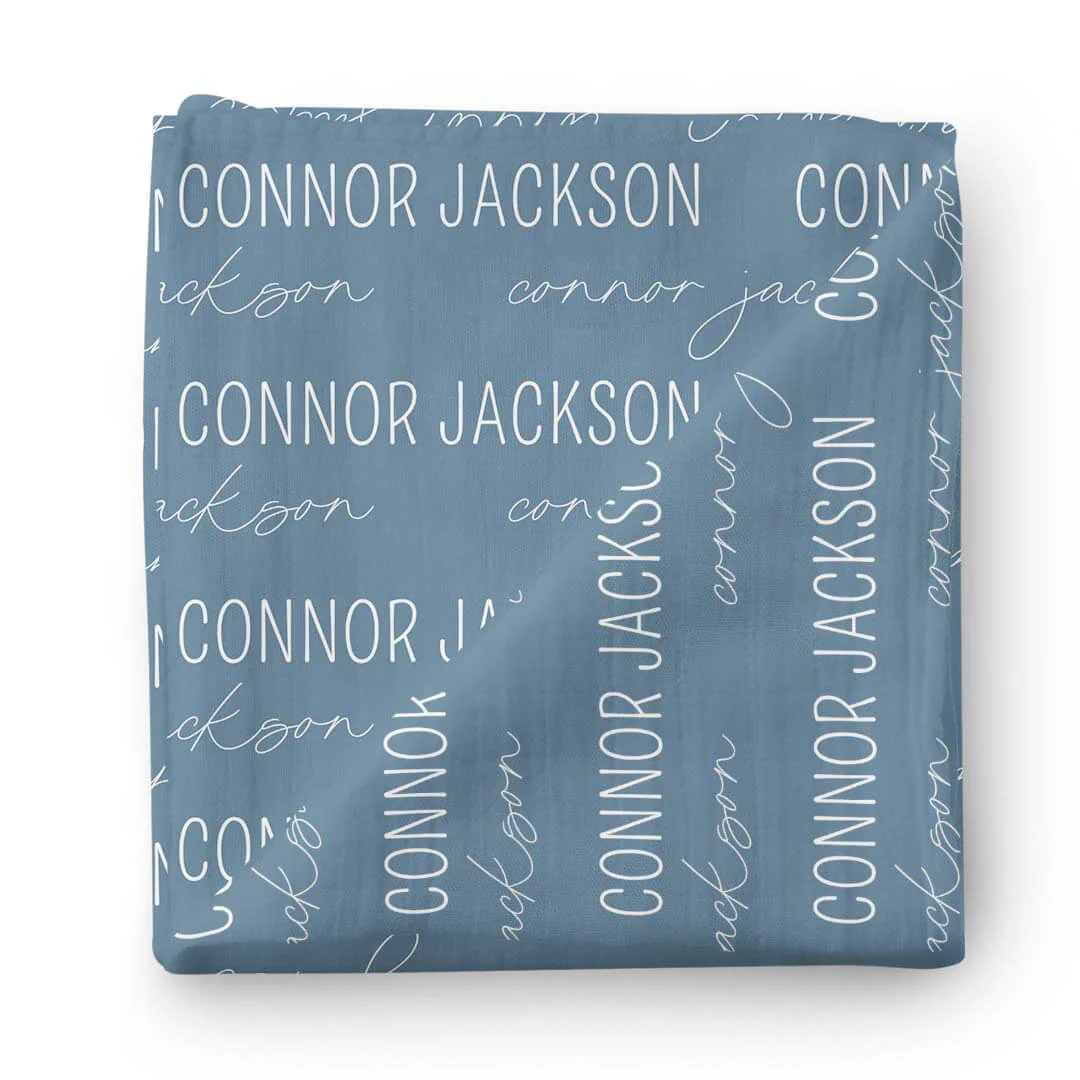 Personalized Dusty Blue Baby Name Swaddle Blanket - Block & Script