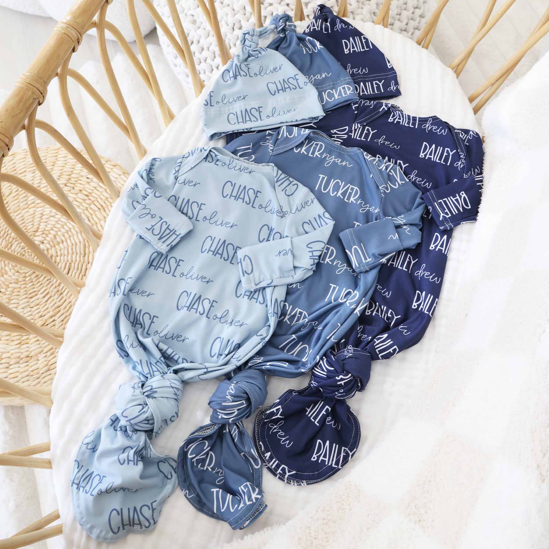 Personalized Font Duo Newborn Baby Knot Gown | Best Selling Blues