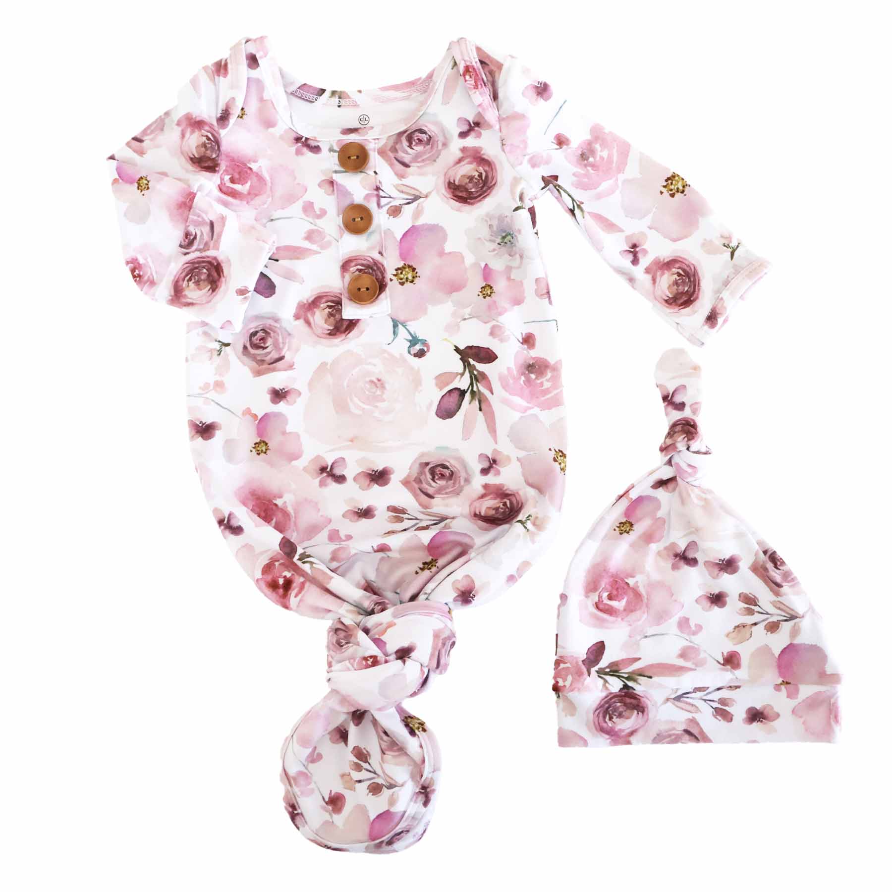 Rosie's Rose Garden Newborn Baby Knot Gown & Hat Set