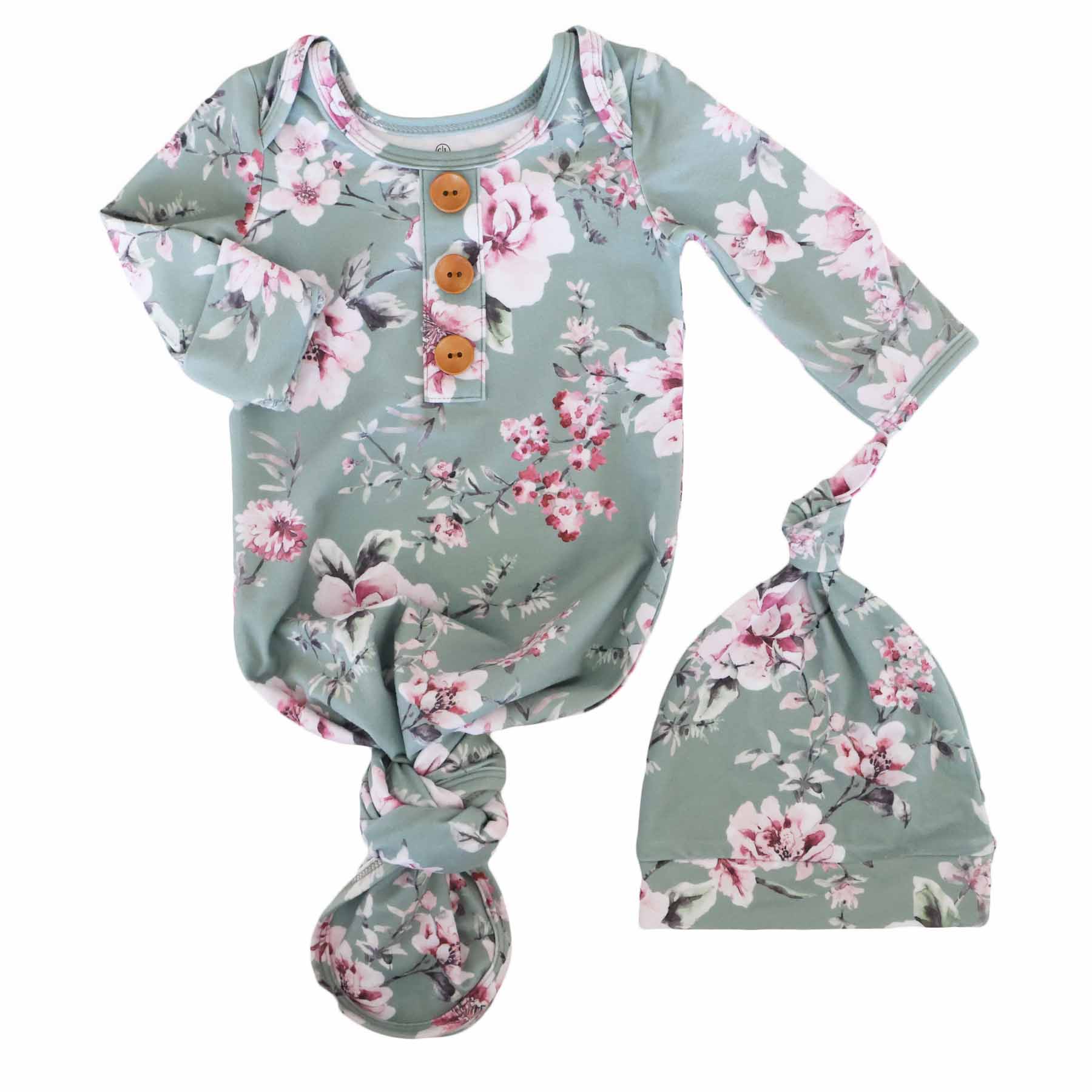 Saylor's Sage & Blush Floral Newborn Baby Knot Gown & Hat Set