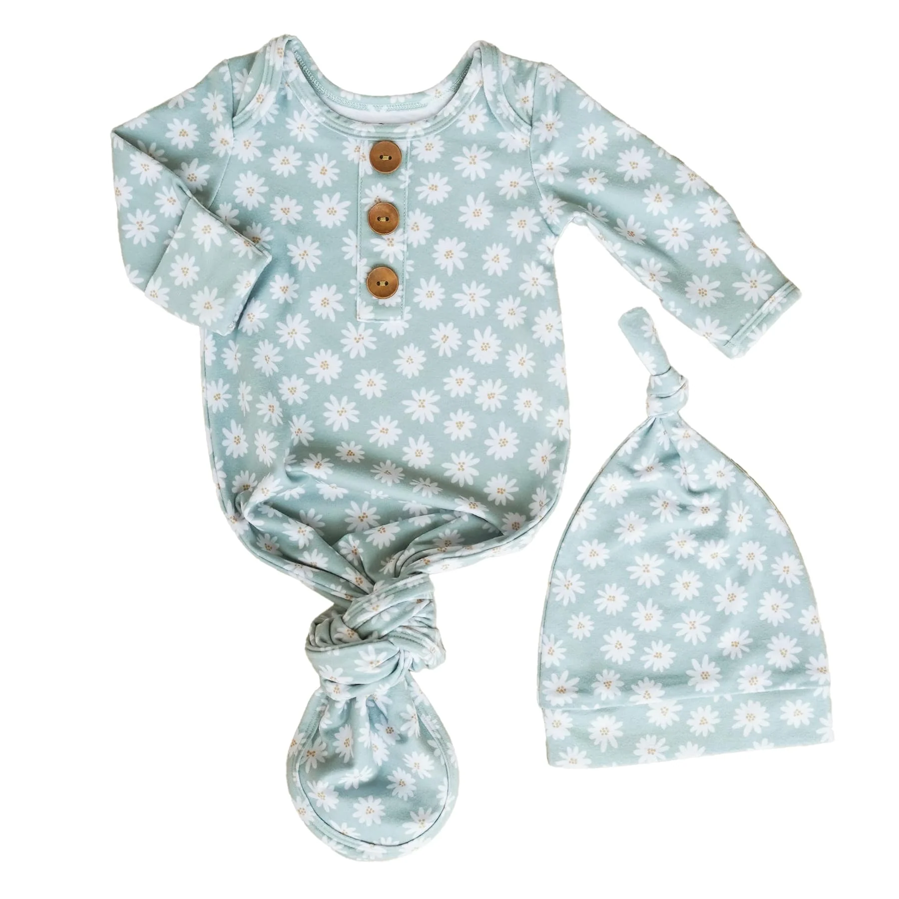 Soft Green Daisy Newborn Baby Knot Gown & Hat