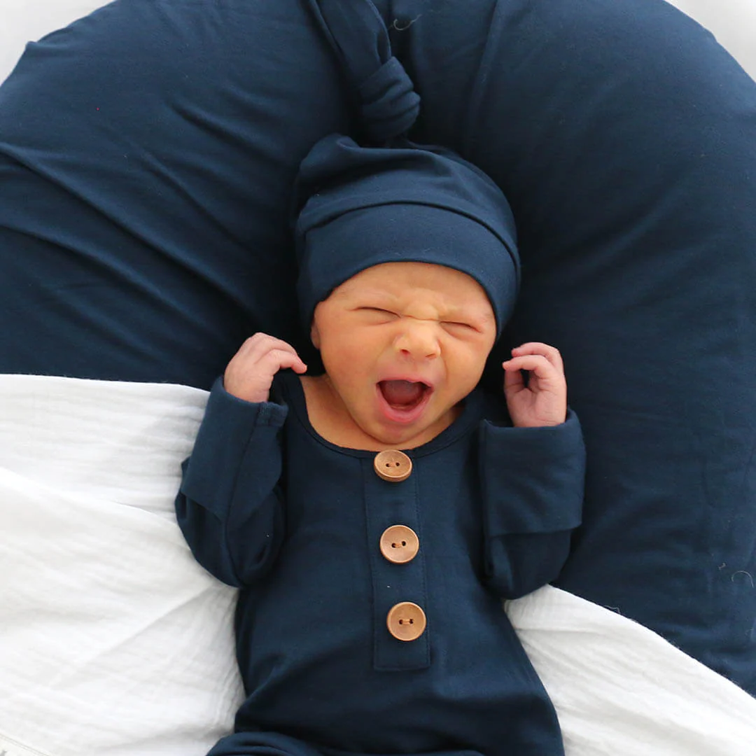 Solid Dark Navy Bamboo Baby Knot Gown & Hat