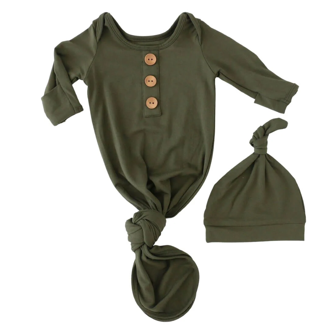 Solid Olive Bamboo Baby Knot Gown & Hat