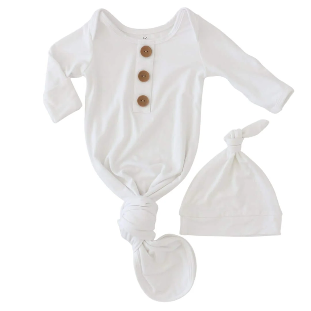 Solid White Bamboo Baby Knot Gown & Hat