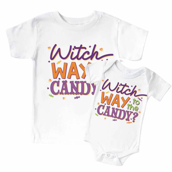 Witch Way To The Candy Graphic Bodysuit & Kids Tee | White