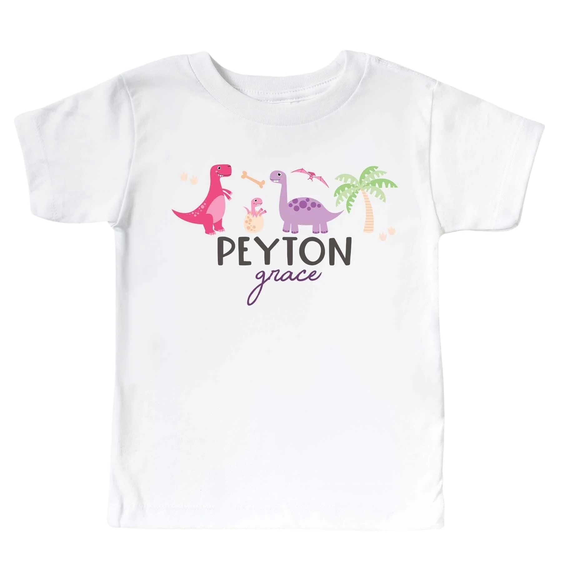 Personalized Pink Happy Dinos Kids Graphic Tee | White