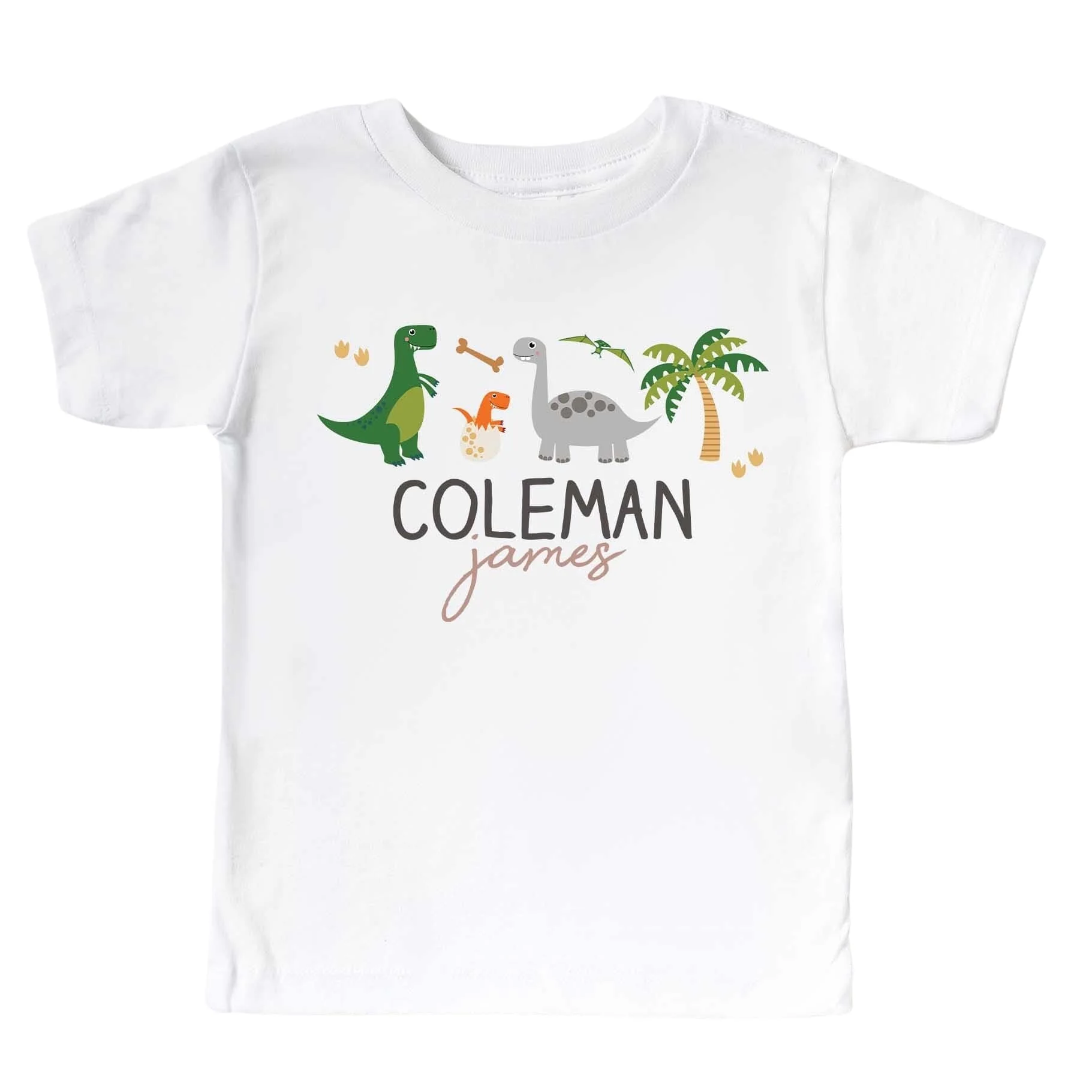Personalized Neutral Happy Dinos Kids Graphic Tee | White