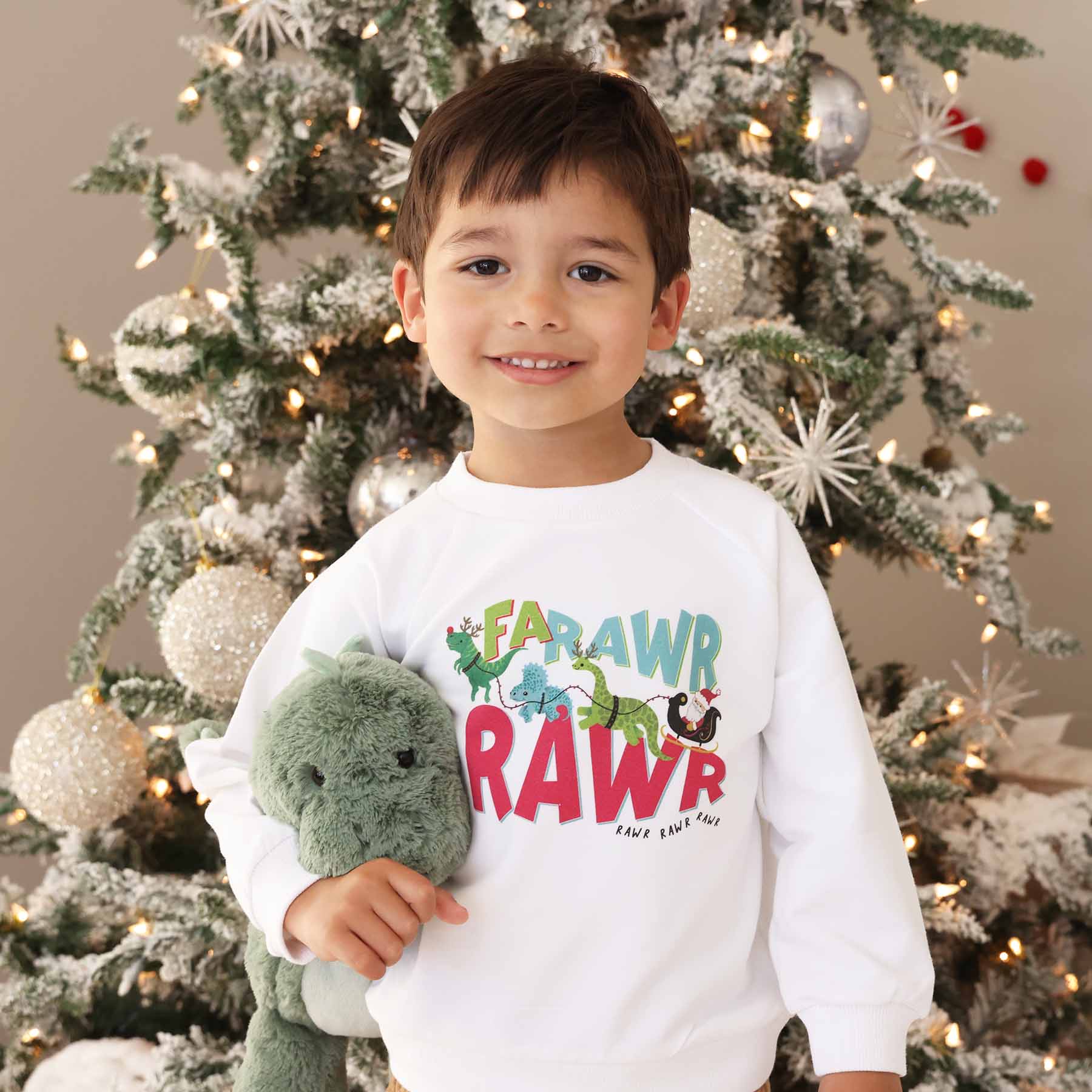 Dino Christmas Kid Sweatshirt & Sweatshirt Bubble Romper | White