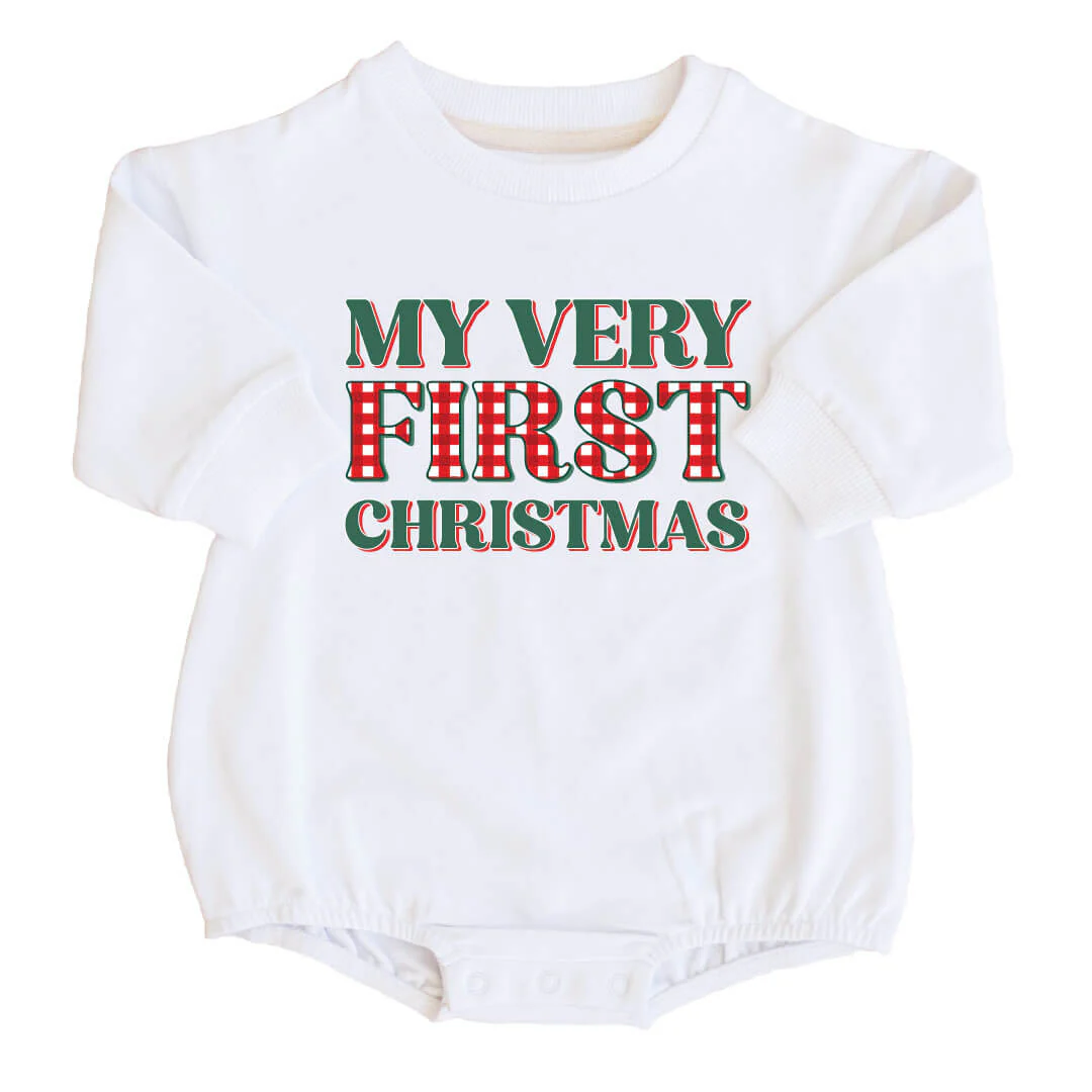 Very First Christmas Sweatshirt Bubble Romper | White