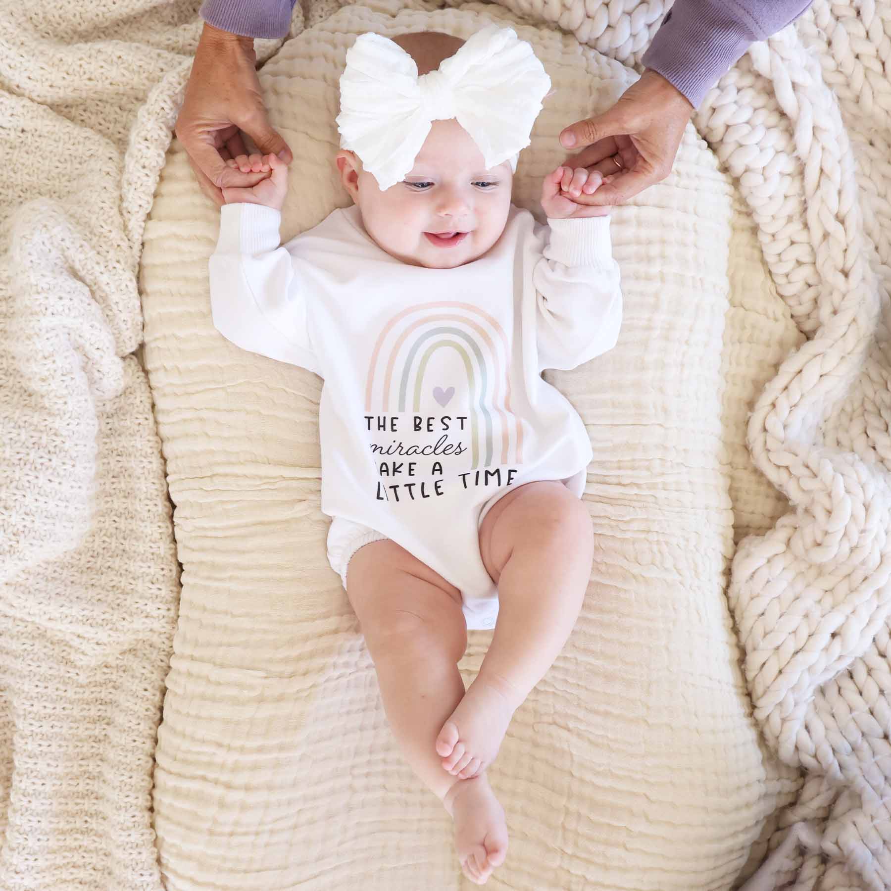 Best Miracles Graphic Sweatshirt Bubble Romper | White
