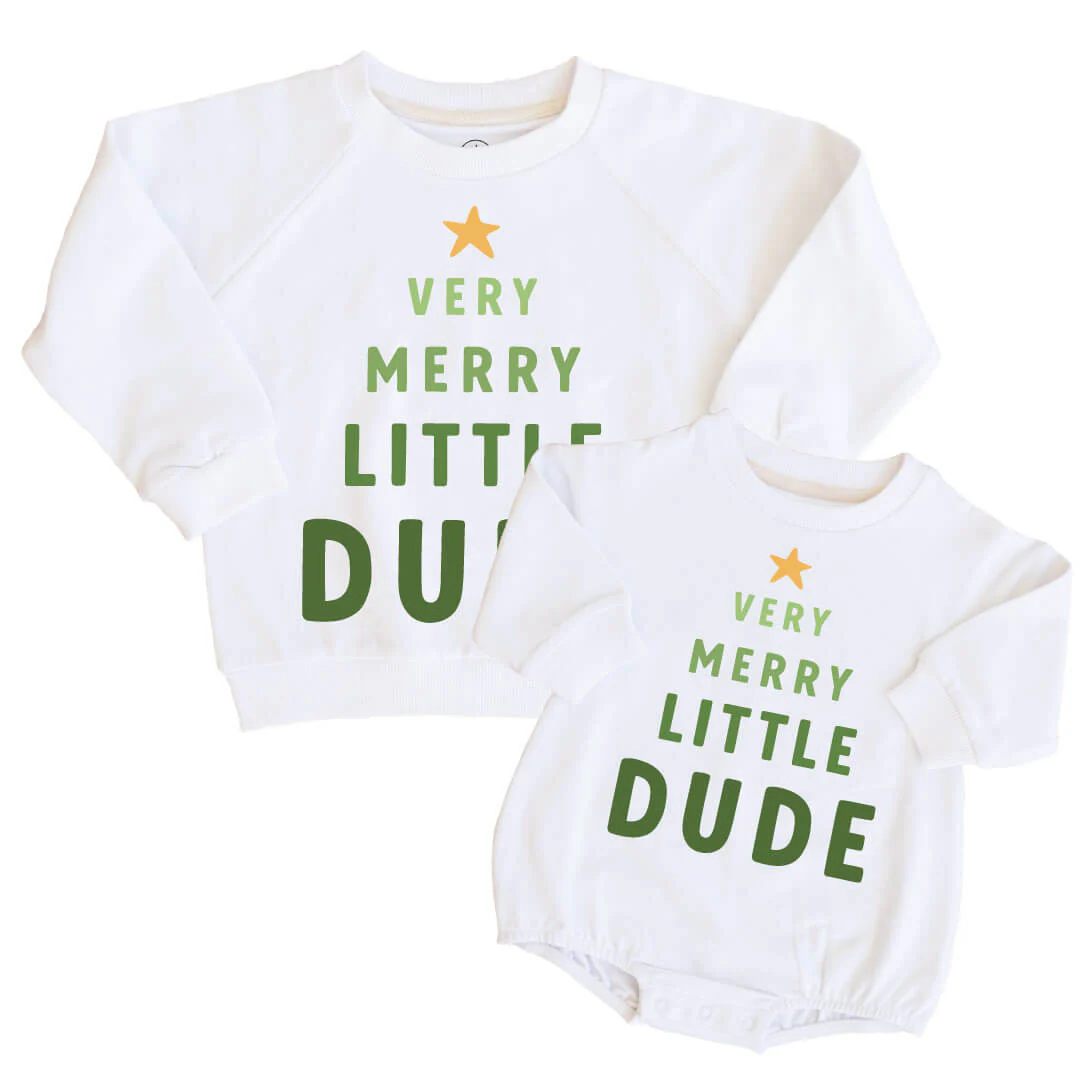 Merry Little Dude Kid Sweatshirt & Sweatshirt Bubble Romper | White