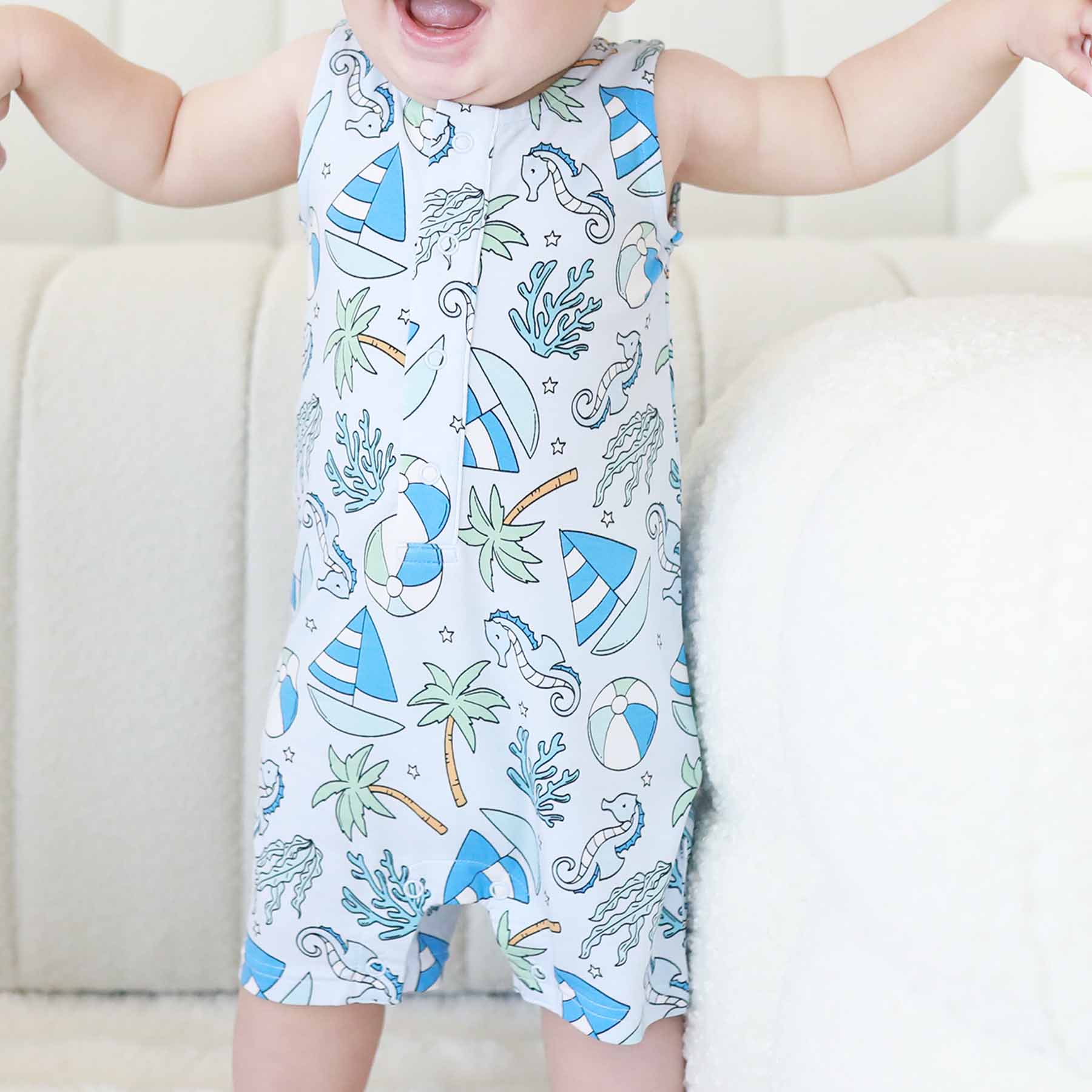 Sleeveless Snap Romper | Tiny Tides Blue