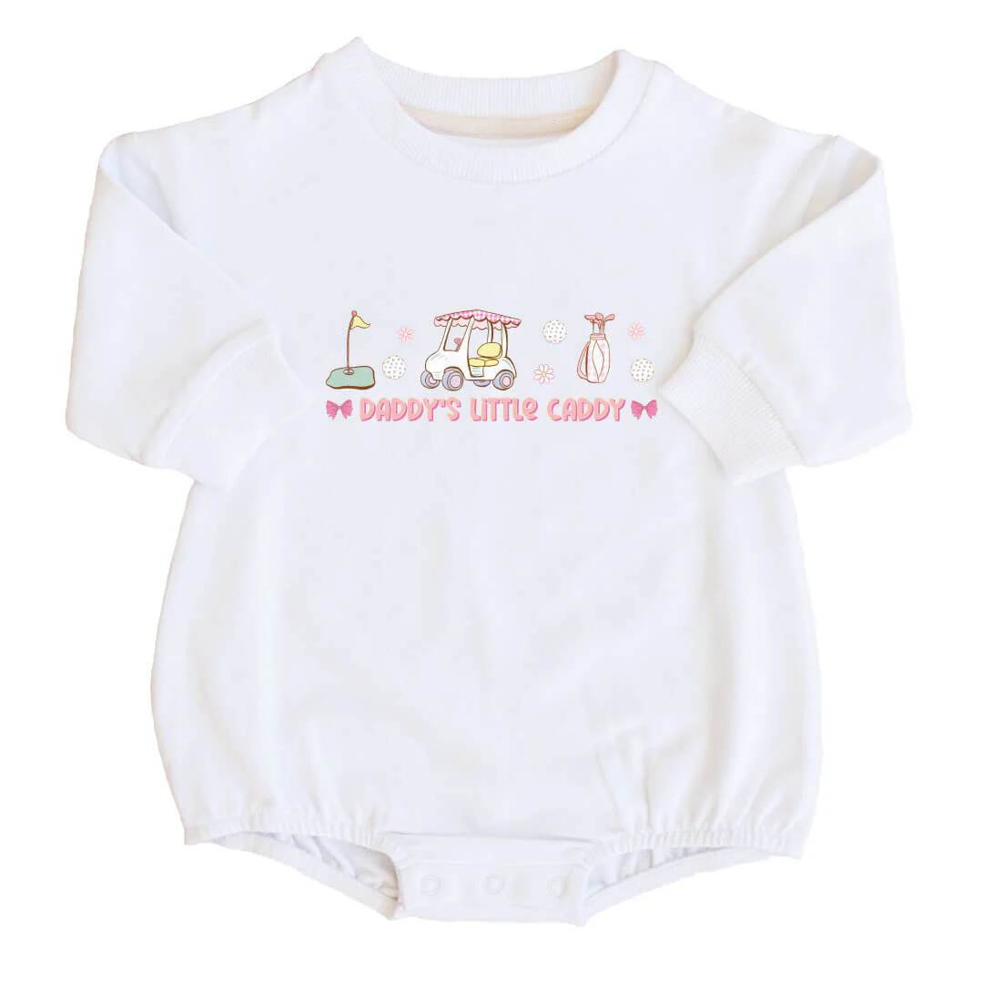 Daddy's Little Caddy Graphic Sweatshirt Bubble Romper | White