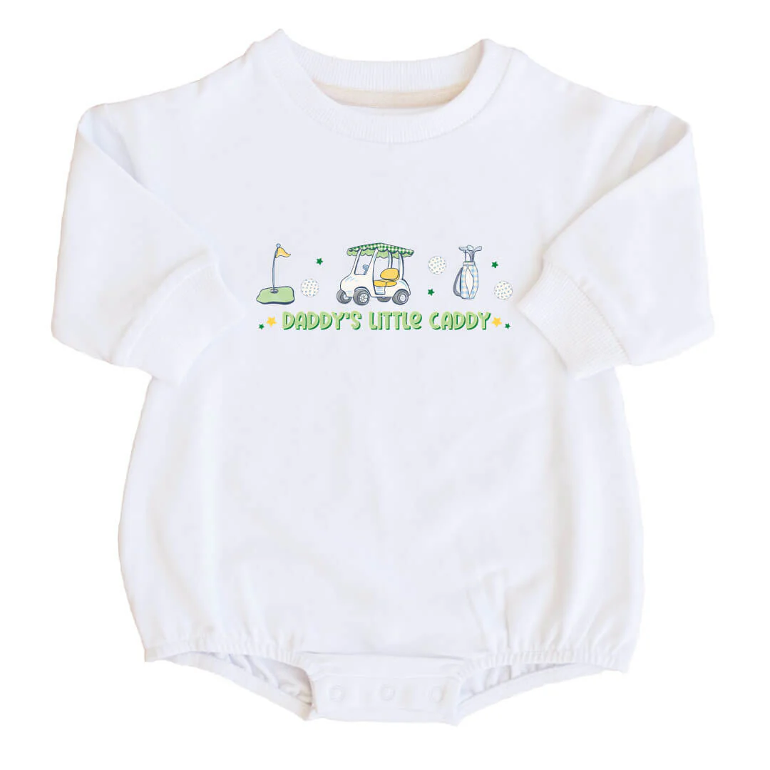 Daddy's Little Caddy Graphic Sweatshirt Bubble Romper | White