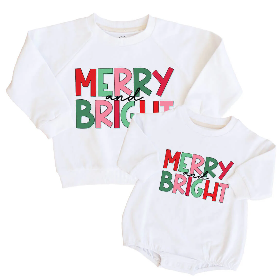Merry & Bright Kid Sweatshirt & Sweatshirt Bubble Romper | White