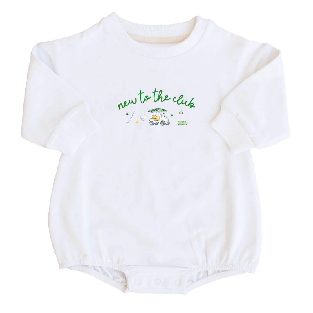 New To The Club Graphic Sweatshirt Bubble Romper | White