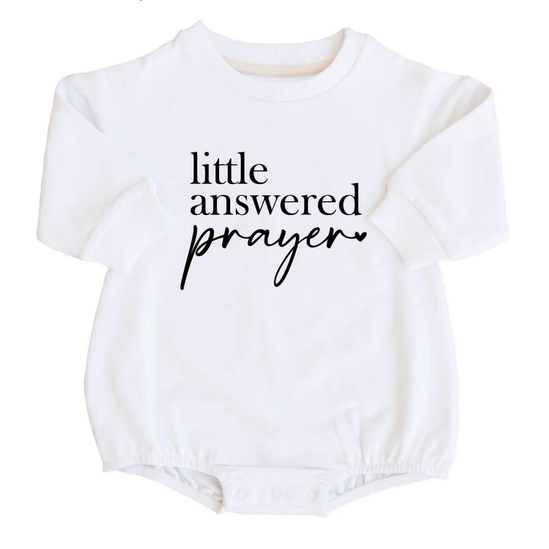 Little Answered Prayer Graphic Sweatshirt Bubble Romper | White