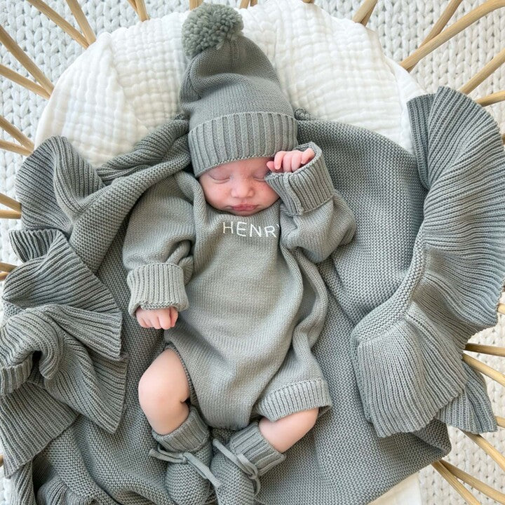 Personalized Knit Sweater Bubble Romper | Smoke