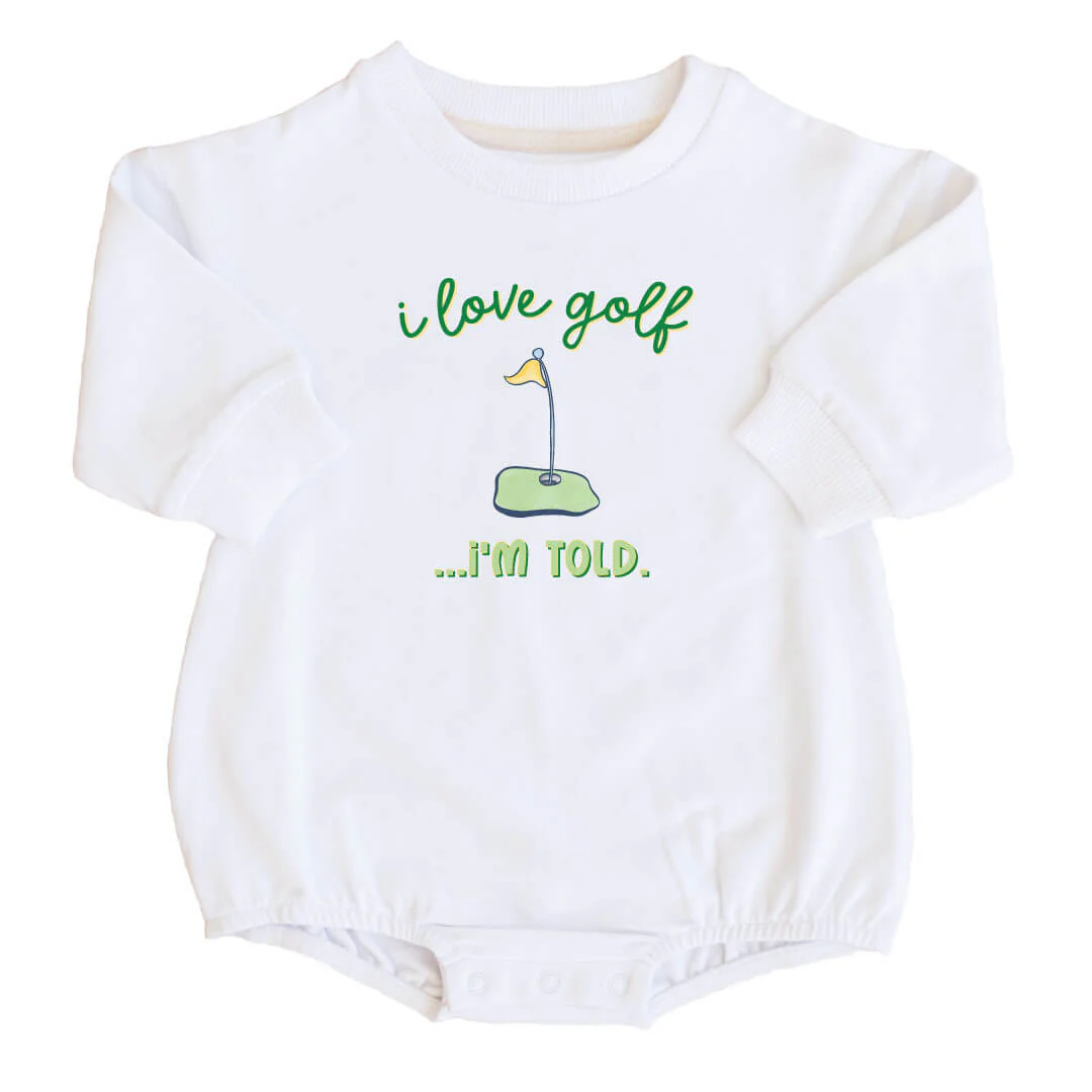 I Love Golf Graphic Sweatshirt Bubble Romper | White