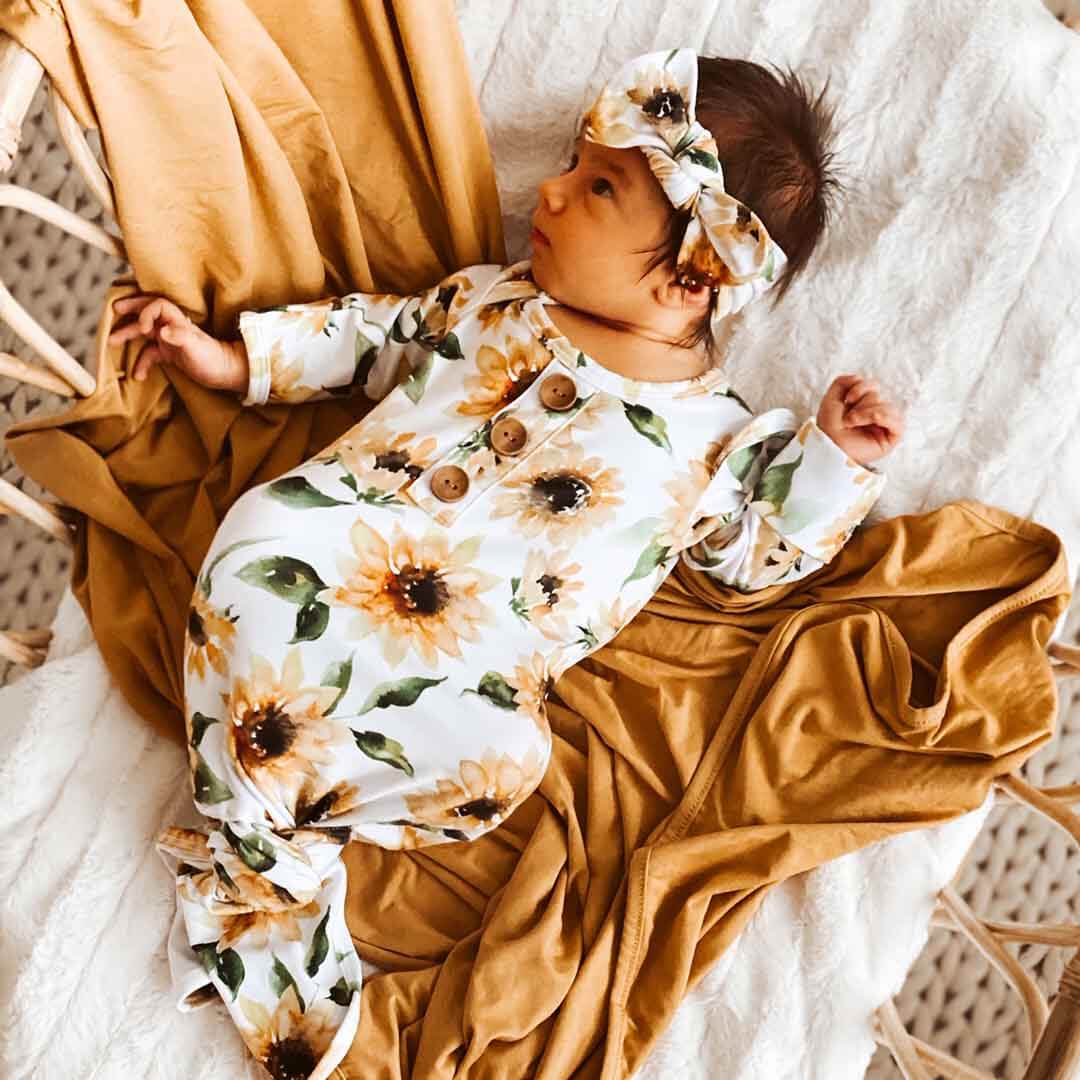 Savannah's Sunflowers Newborn Baby Knot Gown & Hat Set