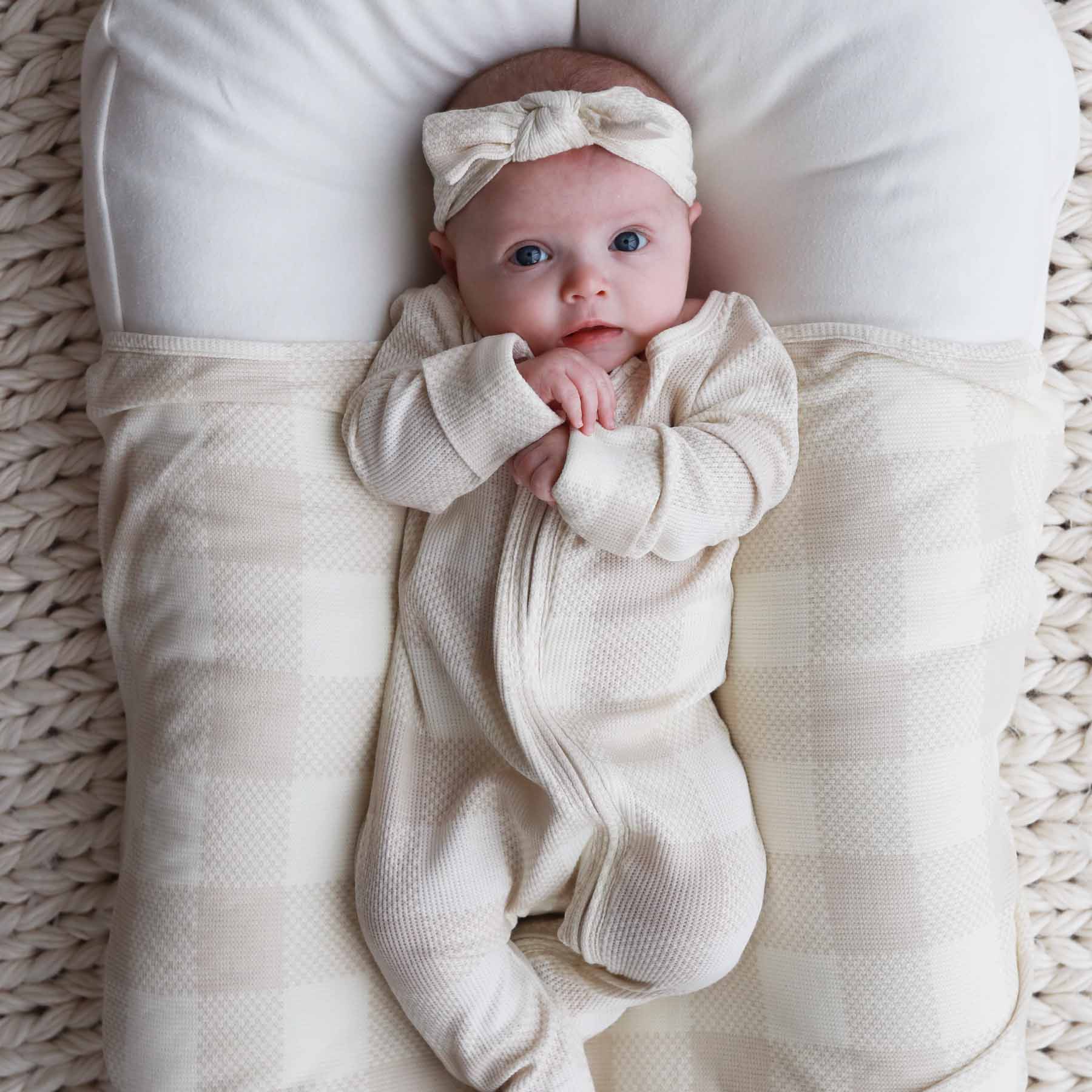 Big Check Bamboo Waffle Knit Large Bow Headwrap | Sand