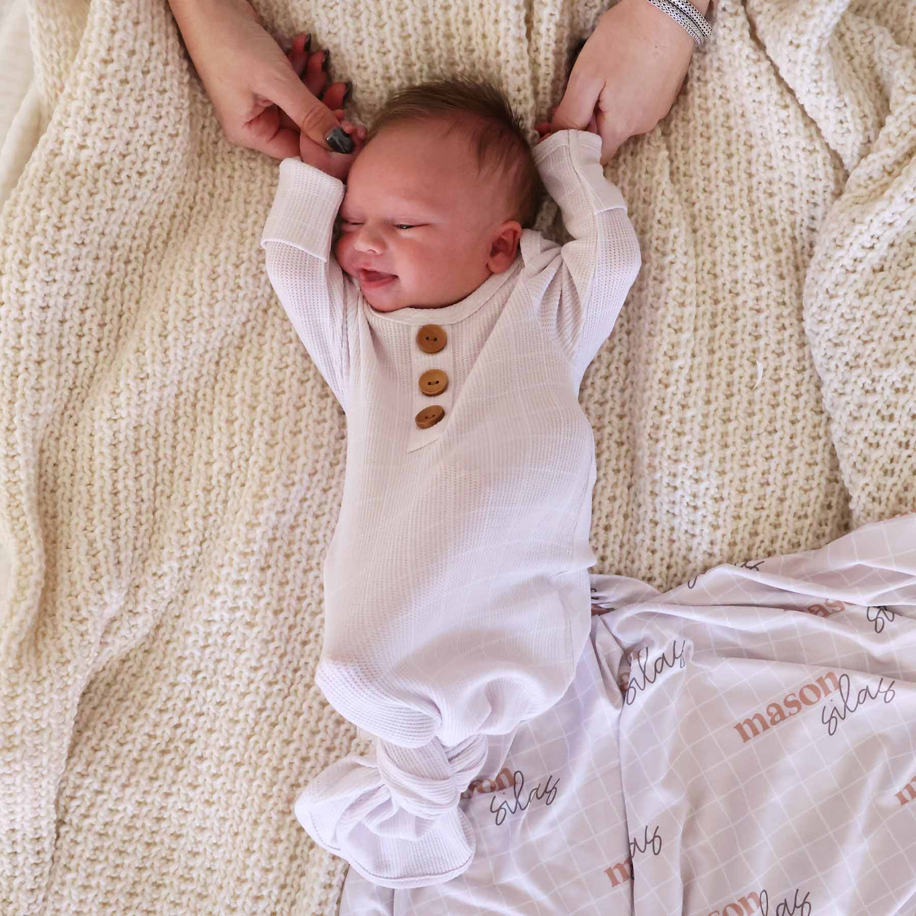 Sloane's Squares Bamboo Waffle Newborn Baby Knot Gown & Hat Set