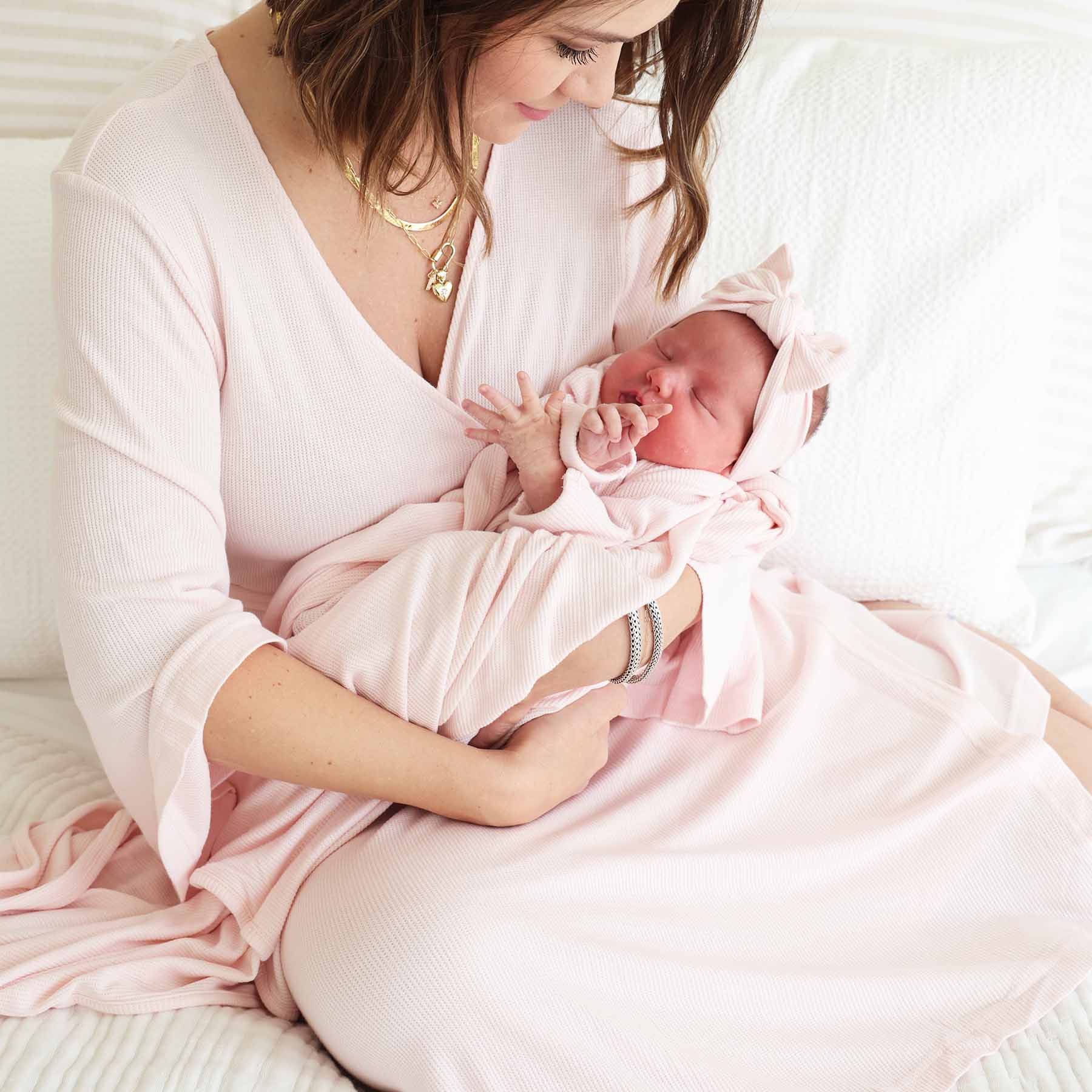 Pearl Pink Bamboo Waffle Knit Maternity Robe