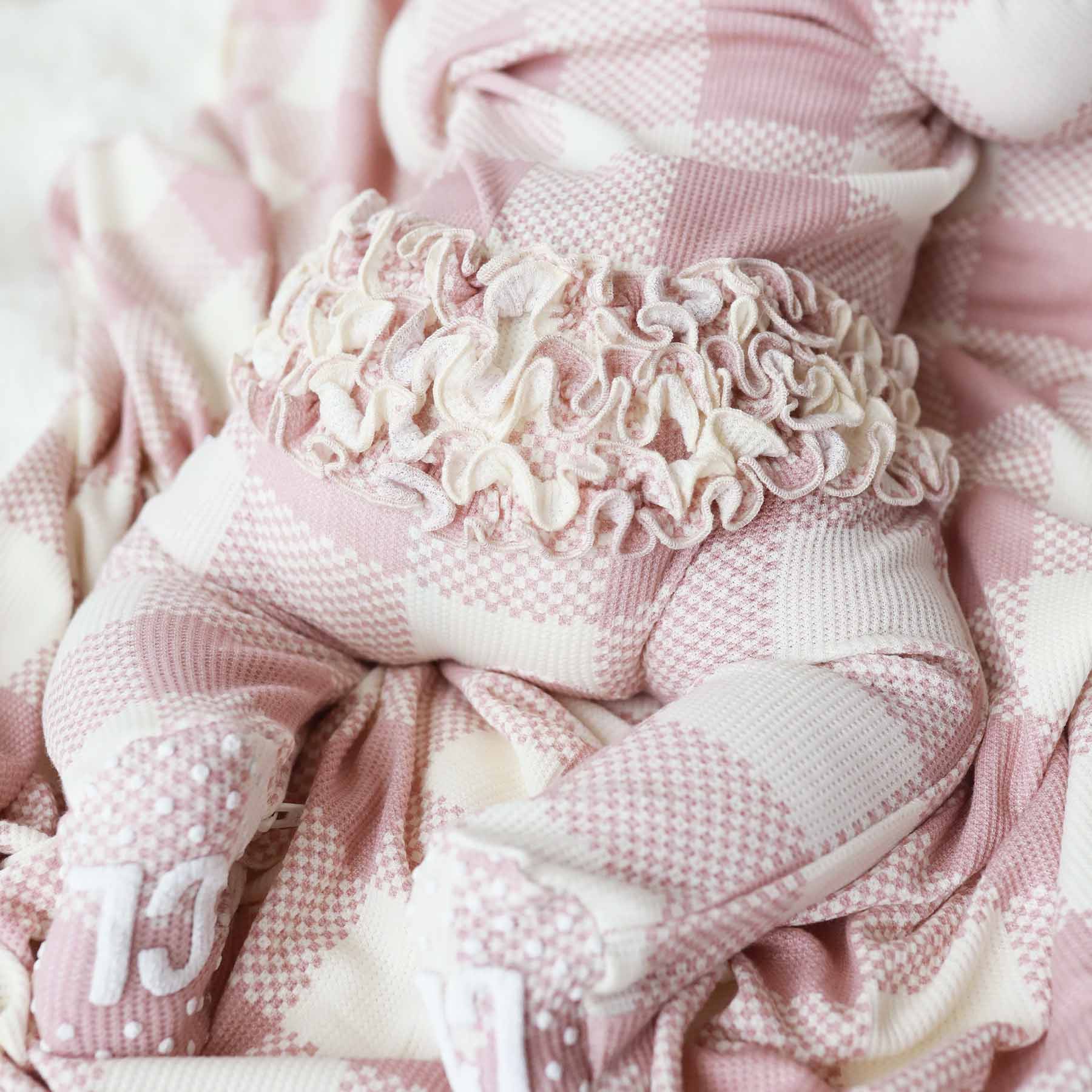 Big Check Bamboo Waffle Zipper Ruffle Footie | Rosy