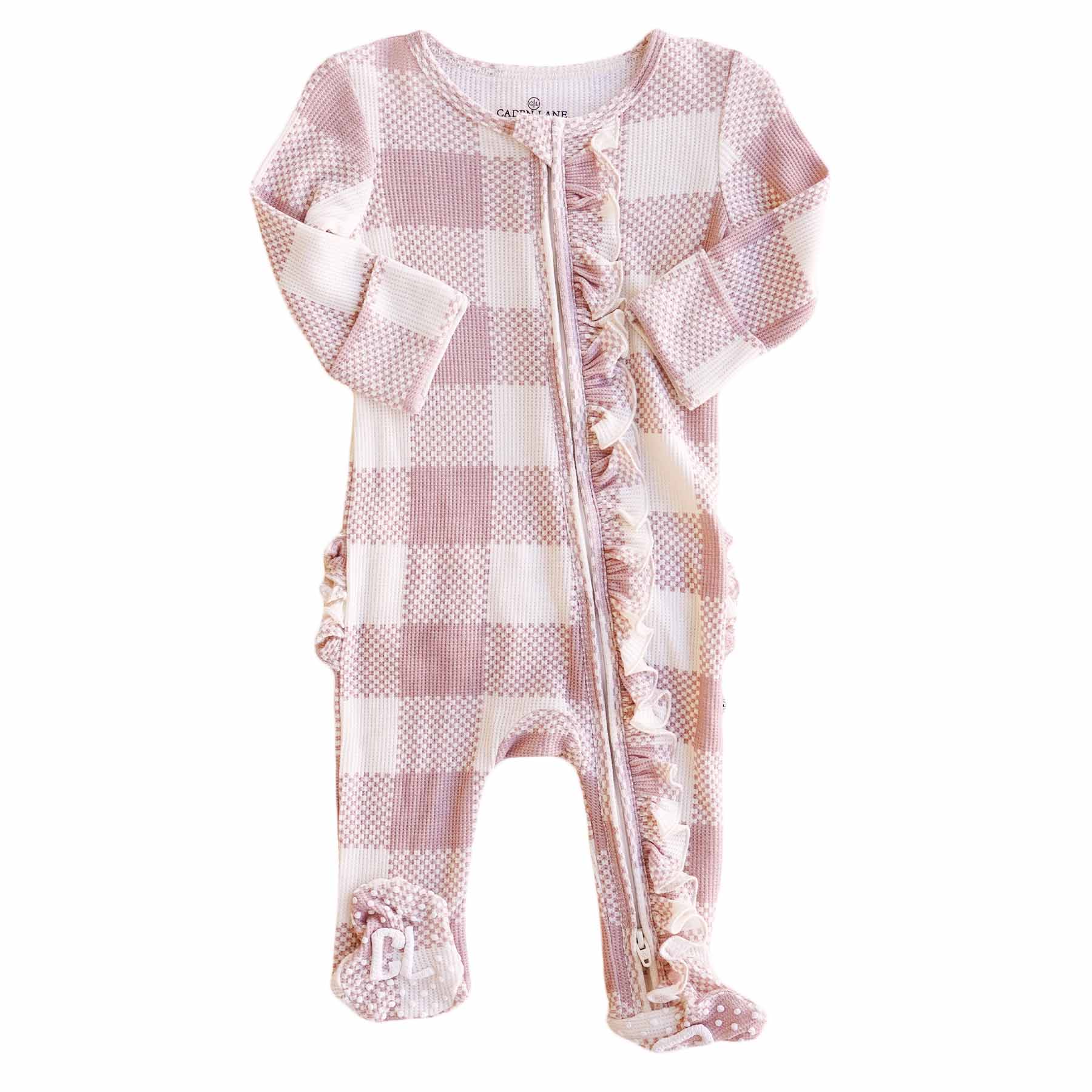 Big Check Bamboo Waffle Zipper Ruffle Footie | Rosy