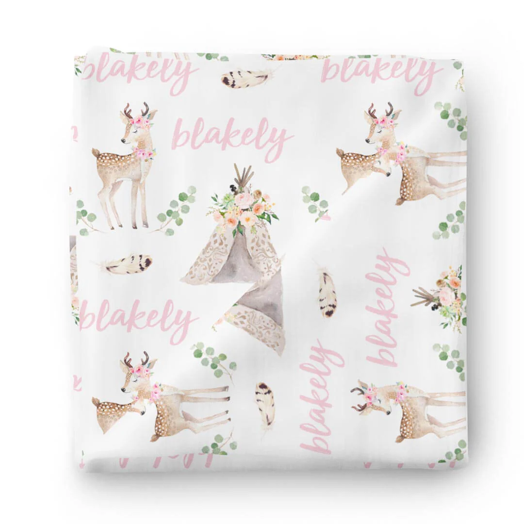 Blakely Woodland Deer Personalized Baby Name Swaddle Blanket
