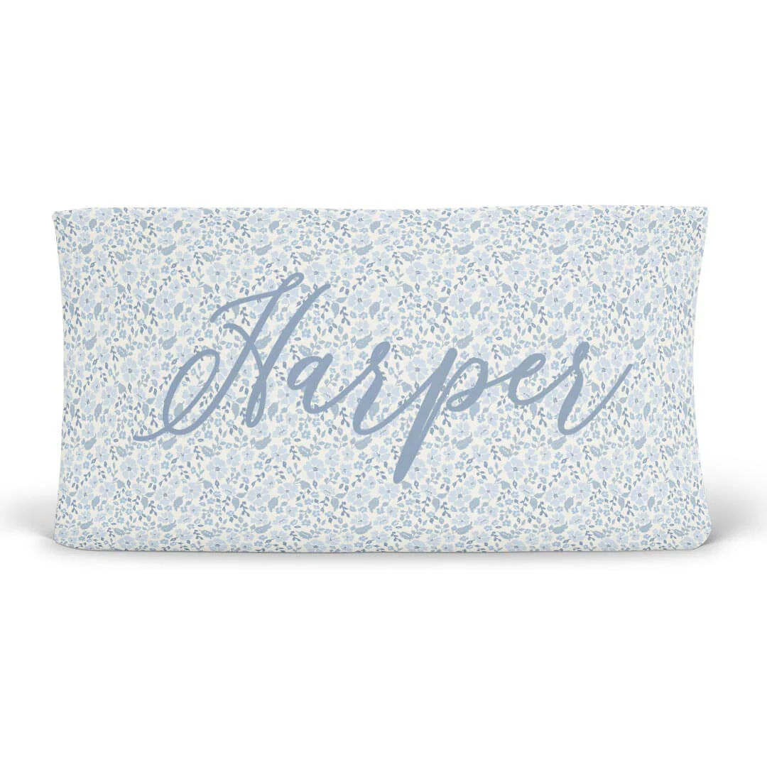 Botanical Blue Personalized Changing Pad Cover