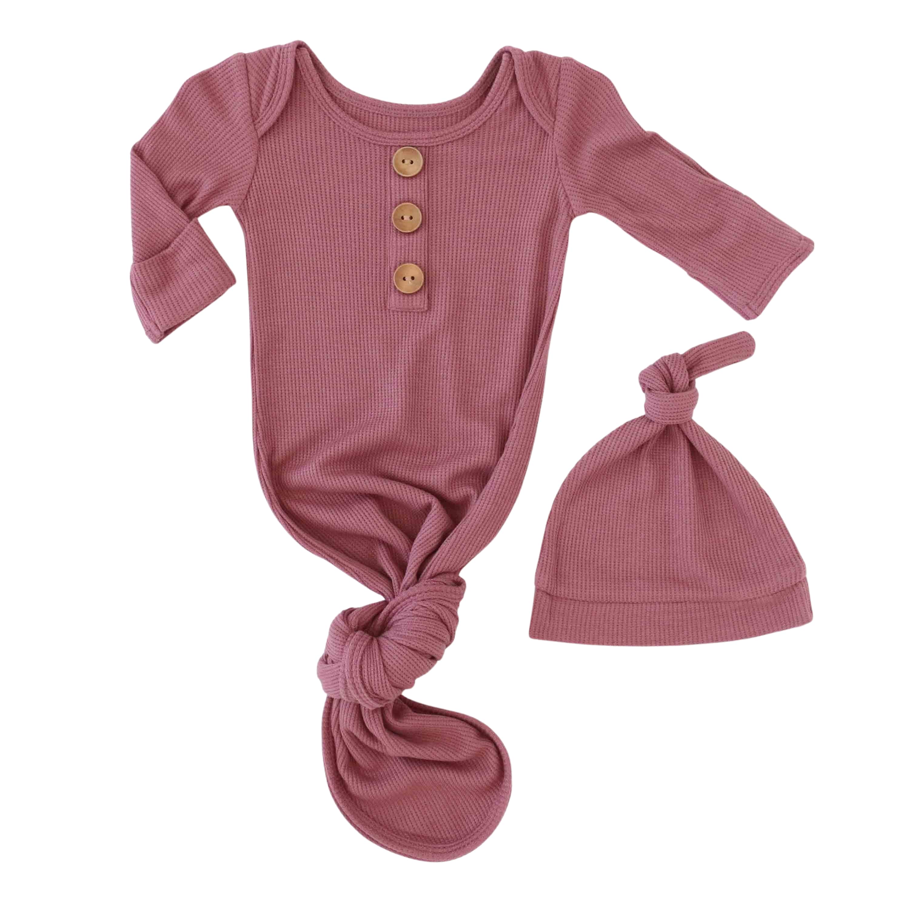 Boysenberry Bamboo Waffle Newborn Baby Knot Gown & Hat Set