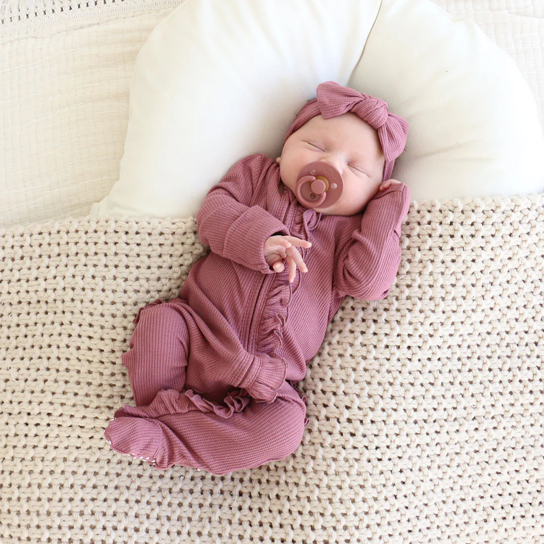 Boysenberry Bamboo Waffle Zipper Ruffle Footie