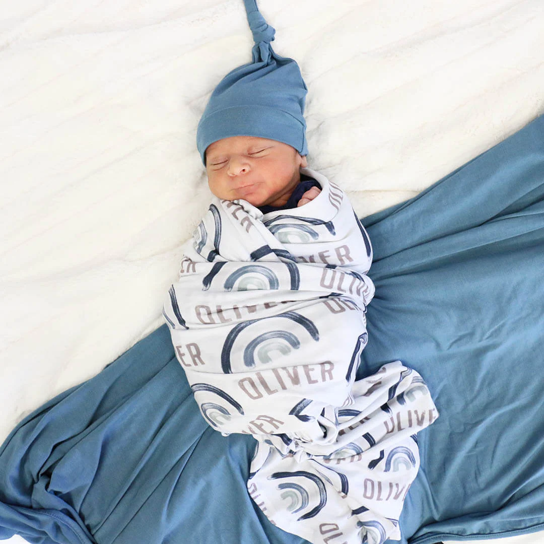 Brooks' Blue Rainbows Personalized Swaddle Blanket