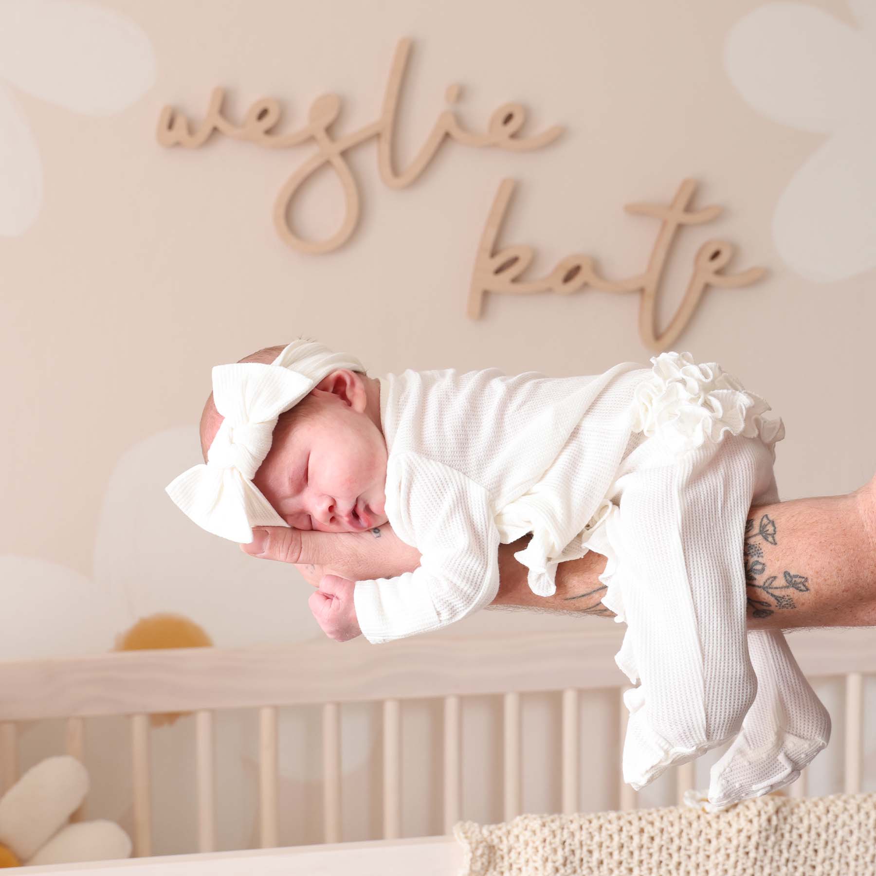 Cloud White Bamboo Waffle Zipper Ruffle Footie