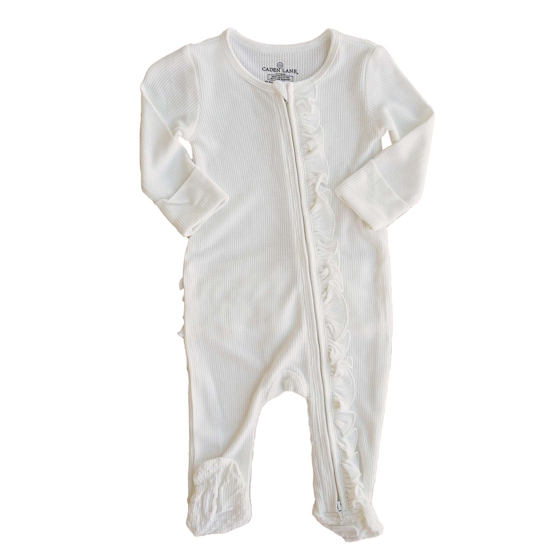 Cloud White Bamboo Waffle Zipper Ruffle Footie